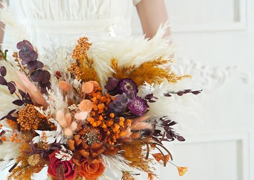Bouquet rústico boho beige y naranja para boda miniatura 3