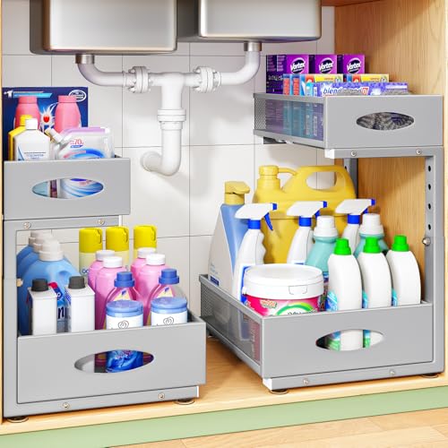 Image of Under Sink Organizer, 2-Pack Pull Out Cabinet Organizer 2 Tier Metal Slide Out Storage Shelf Rack, L-Shaped Adjustable Height,Mesh Sliding Drawer for Kitchen, Bathroom, Laundry, Pantry, Grey, XL