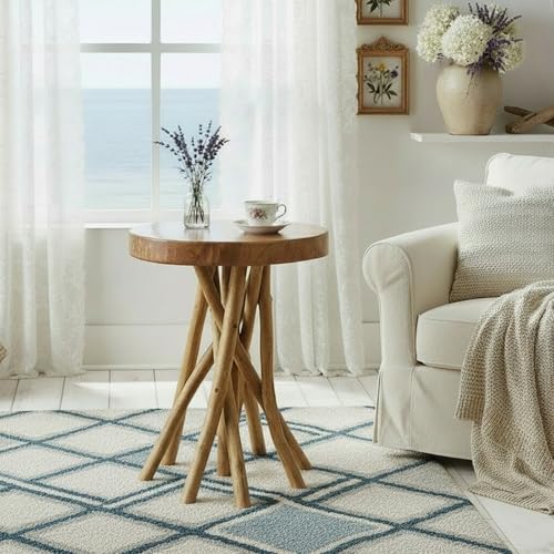 WELLAND Teak Wood Stick Leg End Table, 16" L x 16" W x 20" H Rustic Side Table, Small Accent Table, Plant Stand for Living Room, Bedroom, Home Office
