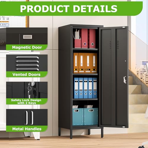 Image of PAOFIN 47 inch Metal Storage Locker, Lockable Employees Metal Locker with Door and Adjustable Shelves, Steel Locker for Home, School, Office, Gym (Black)