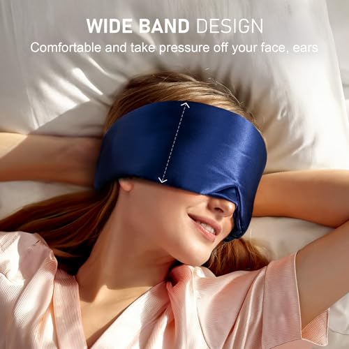 Image of LitBear Silk Sleep Mask for Side Sleeper, Eye Mask Sleeping for Women Men 100% 22 Momme Pure Mulberry Silk, Face-Hugging Padded Eye Cover for Sleeping with Adjustable Band (Midnight Blue)