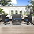 ALAULM 4 Pieces Patio Conversation Set Outdoor Rattan Patio Furniture Set Wicker Chairs with Soft Cushion and Glass Table for Patio, Backyard, Porch, Poolside(Dark Blue)