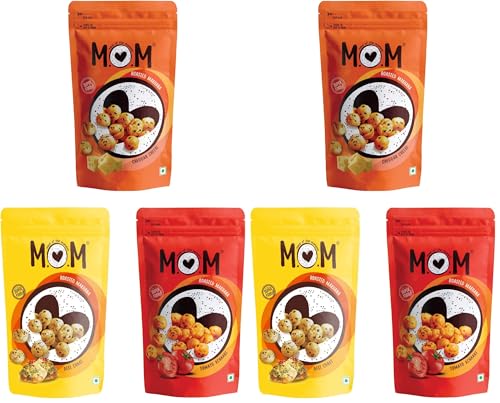 Image of MOM - Meal of the Moment, Roasted Makhana Pack of Desi Chaat, Tomato Achaari, and Cheddar Cheese, 52g /56g - Gluten Free | Anti Oxidants | MSG Free | Zero Trans Fat | No added Preservatives and No Artificial Flavours