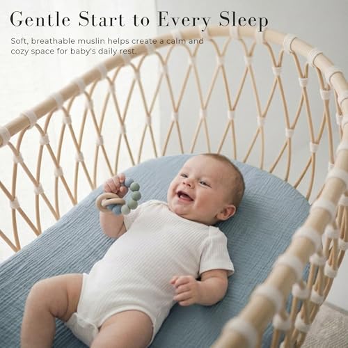 Image of MairMore 3 Pack Muslin Bassinet Sheets for Babies, Soft & Breathable 100% Cotton Fitted Sheets for Oval, Rectangle, Hourglass Bassinet Mattress Pads (Starry Sky)