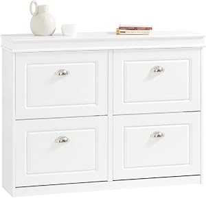 SoBuy Narrow Shoe Cabinet Storage Organizer – 4 Flip Drawers Modern White Entryway Shoe Rack Cabinet, Space Saving Freestanding Shoe Storage, Shoe Organizer for Hallway, Living Room, Small Spaces