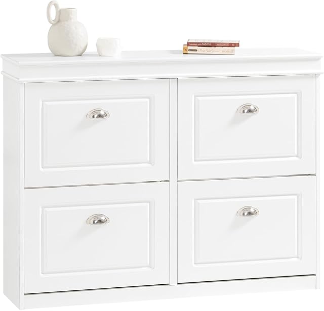 SoBuy Organisateur de rangement de cabinet de chaussures étroites – 4 Tiroirs à bascule Moderne porte-chaussures blanches, Space Rangement autonome des chaussures, Organisateur de chaussures pour Hallway, Salon, Petits espaces