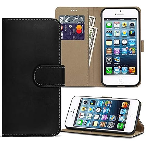 Case Compatible with iPhone SE 2016 (Not for 2020) / iPhone 5S / iPhone 5, Premium Folio Flip Wallet Leather Phone Case Cover for Apple iPhone SE 2016 / 5S / 5, Black Cover
