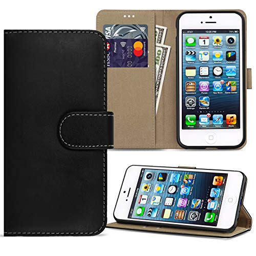 Case Compatible with iPhone SE 2016 (Not for 2020) / iPhone 5S / iPhone 5, Premium Folio Flip Wallet Leather Phone Case Cover for Apple iPhone SE 2016 / 5S / 5, Black