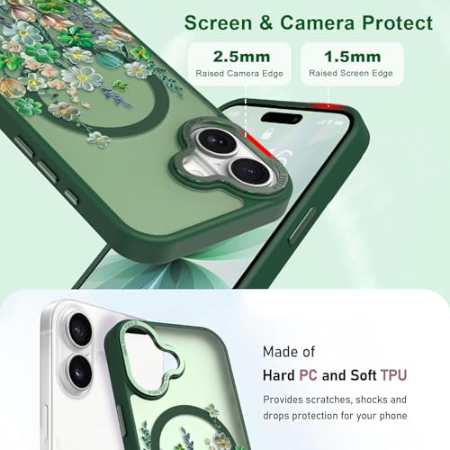 Image of Magnetic for iPhone 17 Case for Women Girls, Green Floral | Pretty Oil Painting Flower Pattern Design [Compatible with MagSafe] Shockproof Slim Translucent Matte Non-Slip Cover