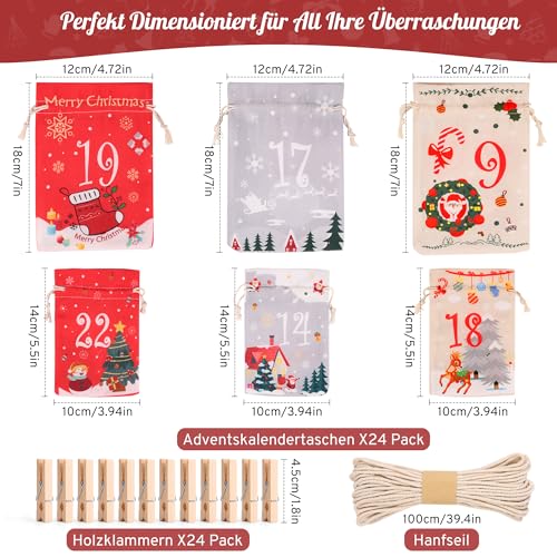 DazSpirit Adventskalender zum Befüllen 2025, DIY Säckchen, 24 Groß Stoffbeutel, Adventskalender Selber Befüllen für Kinder & Erwachsene, Säckchen mit Holzklammern und Hanfseil