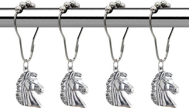 Horse Shower Curtain Hooks for Bathroom, Rustproof Stainless Steel Decorative Shower Curtain Rings with Zinc Alloy Horse Head Shaped Pendant Western Bathroom Decor 12PCS