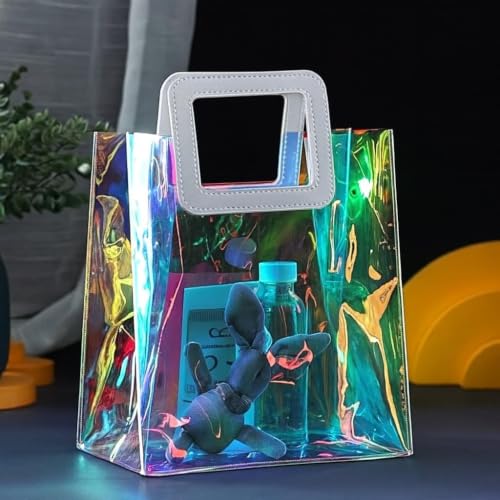 Image of SATYAM KRAFT 48 Pcs Transparent Reusable Leather Goodie Bags | Elegant Gift Bags for Her /Him Wedding Return Favors, Engagement Hampers, Marriage, Birthday & Festival Gifting | Handle Hamper Shopping Carry Bags (Rainbow White Square)