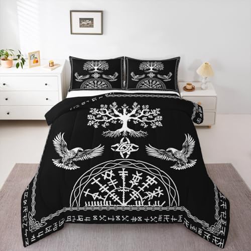 Image of Feelyou Kids Black Viking Sacred Tree Bedding Set Queen Size, Boho Comforter Set Boys Girls Tree of Life Duvet Insert Teens Bedroom Decor Bed Set 3Pcs