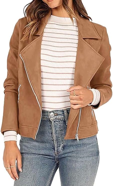 Women's Faux Suede Jacket 2024 Fall Long Sleeve Zipper Lapel Cropped Coat with Pockets Y2K Moto Jackets Outwear - Image 3