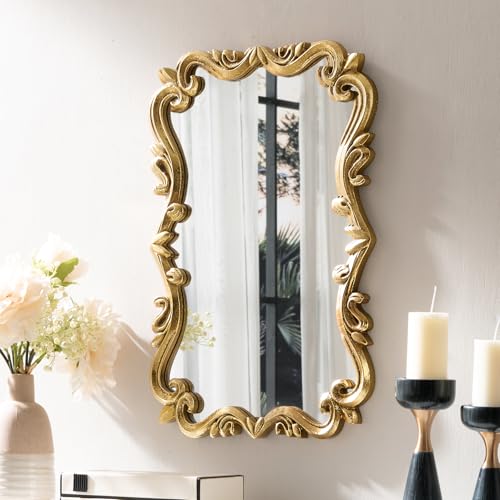 LOVNAHO Brushed Gold Bahtroom Mirror, Rectangle Luxury Vintage Wall Mirror, Scalloped...