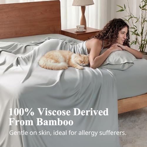 Image of Twin Size Sheet Set, Viscose Bamboo Sheets for Bed Set 3pcs, 100% Viscose Derived from Bamboo, Hotel Luxury Silky & Cooling for Hot Sleepers, Deep Pocket Up to 17 inch, Light Grey