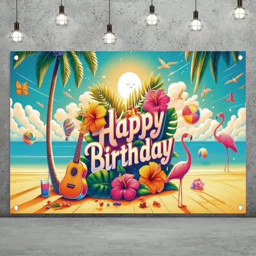Image of Summer Happy Birthday Backdrop Banner Tropical Hawaiian Flamingo Flowers Palm Leaves Photography Background Aloha Beach Baby Shower Luau Party Supplies Photo Booth Props 71 x 43 Inch