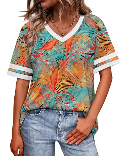 Image of WIHOLL Womens T Shirts Loose Fit Short Sleeve Tees V Neck Color Block Summer Tops 2026 Fashion S-4XL