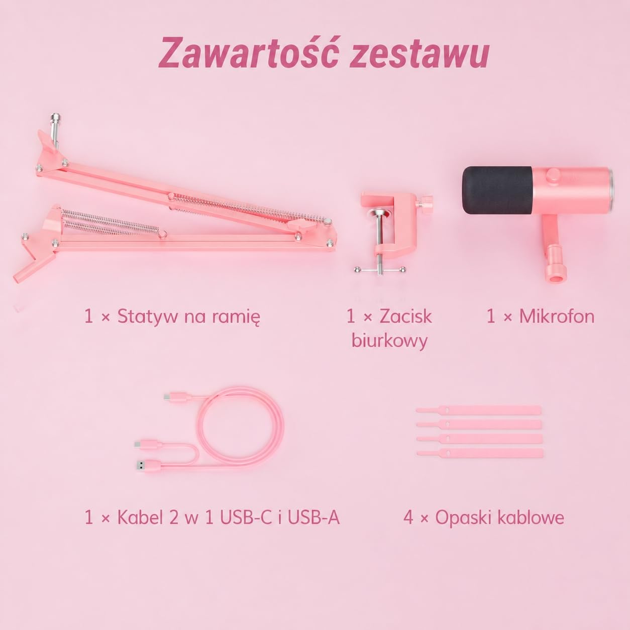 TONOR Dynamiczny mikrofon do gier, mikrofon XLR/USB do strumieniowego przesyłania, redukcja szumów AI, sterowany RGB, wyciszenie, gniazdo słuchawkowe 3,5 mm, mikrofon z ramieniem szubienicowym, różowy