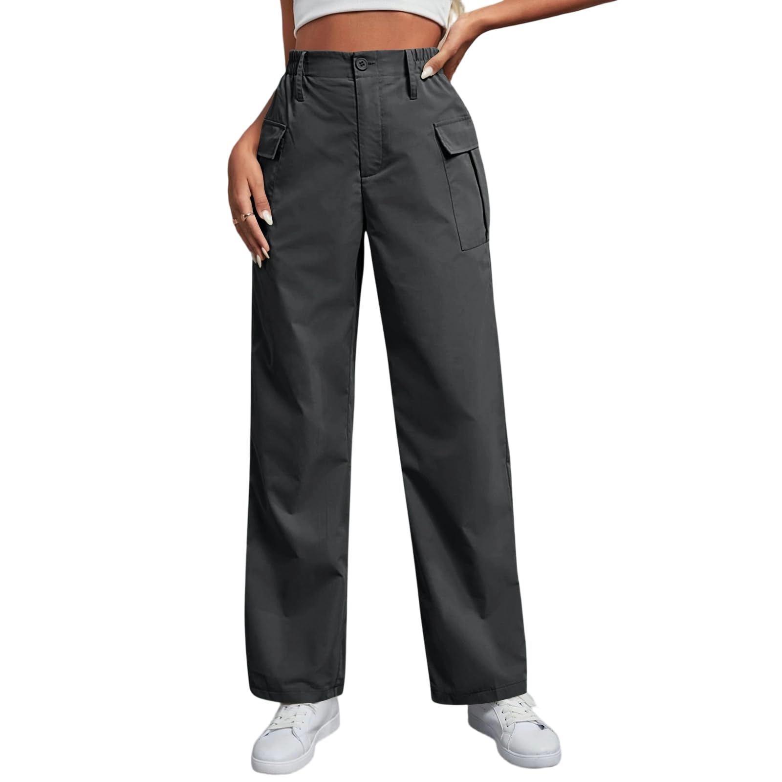 Cargo Pants for Women Elastic High Waisted Wide Leg Casual Pants Lightweight Solid Color Work Trousers with Pockets