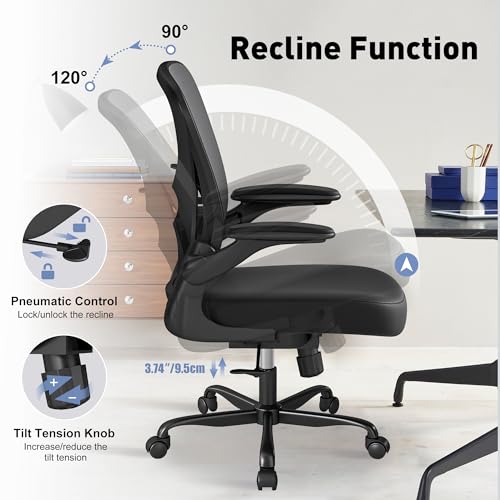 Ergonomic Office Chair with Adjustable Lumbar Support, Mesh Home Office Desk Chair with Flip-up Arms and Wheels, Black image 3