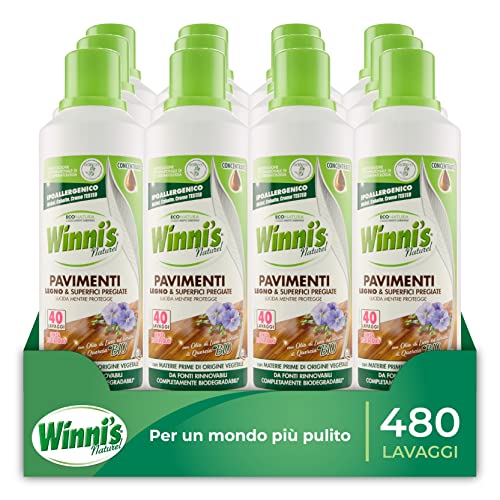 Winni's - Detersivo Pavimenti Ipoallergenico Parquet, Legno e Superfici Pregiate, 480 Lavaggi, senza Risciacquo, Formula Concentrata con Materie Prime di Origine Vegetale e Bio, 1 L x 12 Confezioni