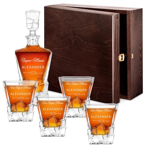 Maverton 950 ml Whiskey Karaffe + 2/4 / 6er Whiskygläser Set mit Gravur - Whisky Dekanter - luxuriöses Design - Kristallglas - für Männer zum Geburtstag - Super