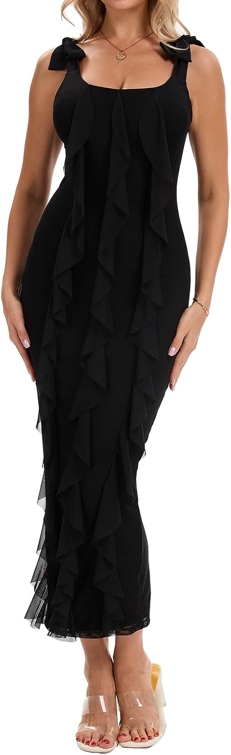 Women's Sexy Bodycon Maxi Dress Ruffle Ruched Cocktail Party Stretch Tied Strap Split Slim Dresses - Image 3
