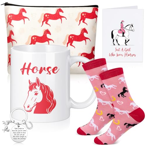 Yaryang Set Regalo per Amanti dei Cavallo Regalo Divertente a Tema Cavallo con Tazza Ceramica Calzini Morbidi Borsa Cosmetica Portachiavi Biglietto d'Auguri per Natale Compleanno