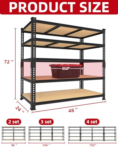 Image of PrimeZone Heavy Duty Garage Storage Shelves - 48 inch W X 24 inch D X 72 inch H Adjustable Metal Shelving Unit, 5 Tier Industrial Shelves for Storage Standing Utility Rack for Warehouse, Basement, Black, 5 Pack