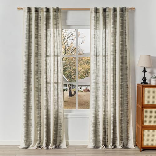 Image of MYSKY HOME Ceiling Curtains for Living Room, Farmhouse Style Lines Printed Curtains 95 Inches Long Semi Sheer Drapes for Living Room, Modern Style Room Divider Curtains, 50 inchx95 inch, Khaki, 2 PCs