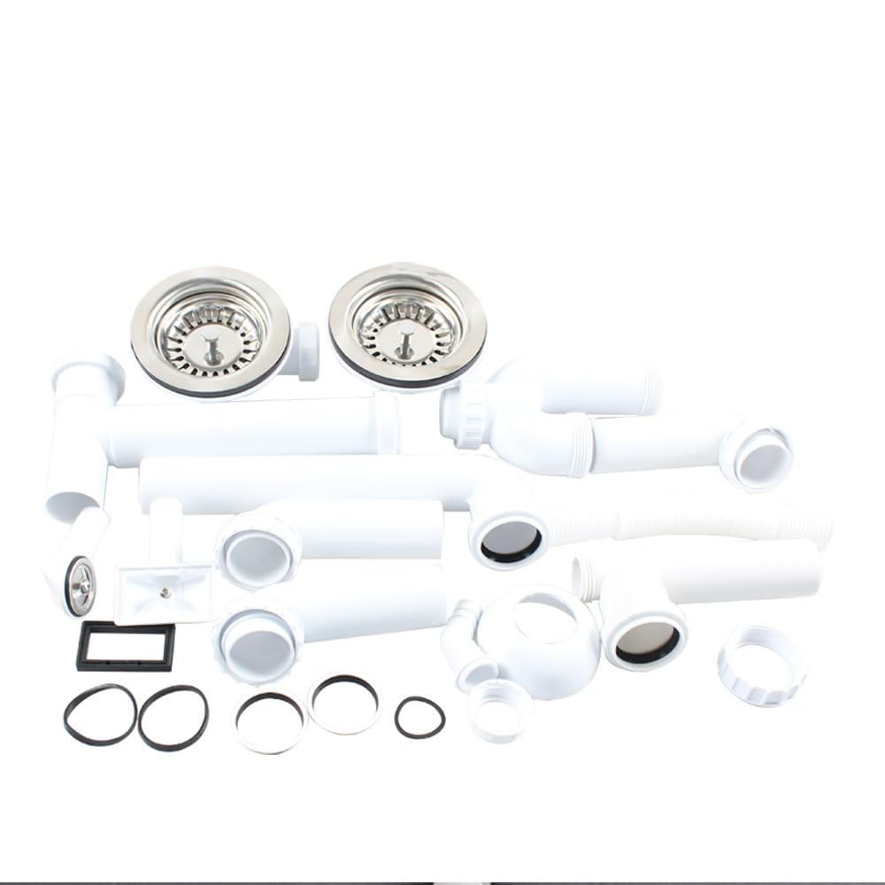 Talea Garniture de vidange double avec trop-plein, diamètre 114 mm, blanc, ensemble complet pour évier de cuisine, convient pour éviers avec une ouverture de 83–90 mm Z7008C029 (passage mural pour