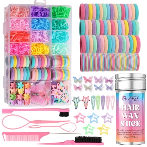 Hair Accessories for Girls, 1350P Colorful Hair Ties with 44P Hair Clips, Glitter Butterfly Hair Clips, Hair Wax Stick, Butterfly Hair Claws, Hair Barrettes with Comb Set&Organizer Box, Ideal Gifts