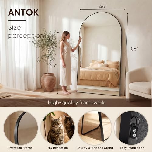 Image of Antok 86 inch x46 inch Arched Full Length Floor Mirror, Black Aluminum Frame, Free Standing /Wall Mount /Leaning for Bedroom, Living Room, Dressing Room