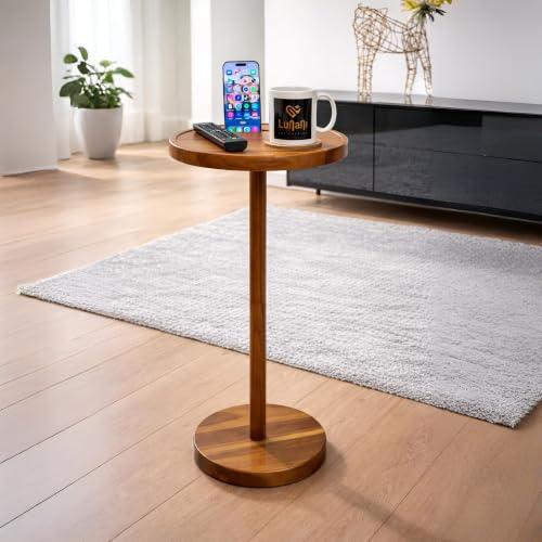 Lunani OUR PASSION Drink Table for Small Spaces, 24” Tall Pedestal Side Table with Stable Base, Phone Holder & 2 Coasters, Natural Wood Accent End Table for Sofa, Bedside, Balcony or Living Room