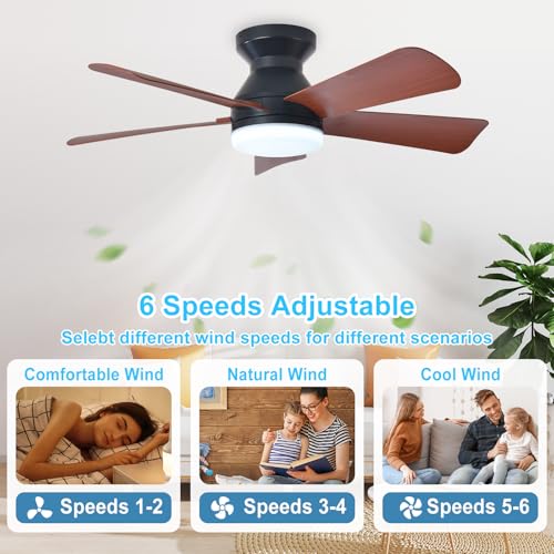 Image of Depuley Modern Ceiling Fan with Light: 35-Inch Black Small Fans for Bedroom Indoor Outdoor - Dimmable Low Profile Ceiling Fans with Remote Control Flush Mount 5 Reversible Walnut Blades 6 Speeds Timer