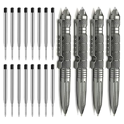 Origin-Joy 4 Pack Tungsten Steel Military Tactical Pen Set, Multifunctional EDC Self Defense Pen With 16 Ballpoint Refills (Gray)