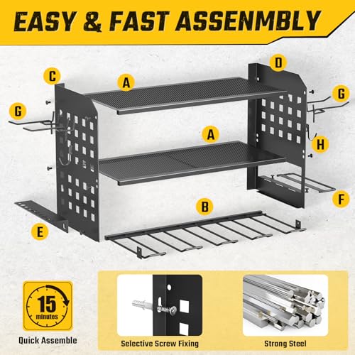 Image of SUNALLY Power Tool Organizer, Heavy Duty Wall Mount Tool Organizer 3 Layers with 4 Drill Holders, Garage Tools Storage Rack with 2 Side Pegboards and Hooks for Workshop, Shed, Black