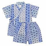 [ハッピー] 甚平 ベビー 男の子 綿100％ 日本製生地 じんべい スーツ上下 祭 子供甚平 JB091B 縞麻柄/青-9066 80cm