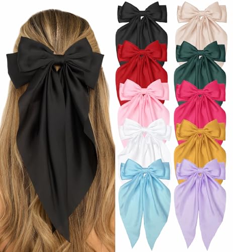 DTERSE Hair Bows for Women Big Bows Hair Accessories for Womens Girls 10PCS Valentines Day Hair Bows for Women Cute Oversized Bow Hair Clips with Long Tails Silky Satin Ribbon Bows for Hair