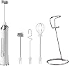 Milk Frother with Stainless Steel Stand, Rechargeable Handheld Whisk & Electric Drink Mixer with 3 Whisk Heads & 3-Speed for Latte & Cappuccino (White)