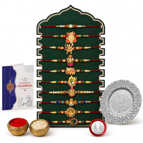 Image of Oblivion Designer Trendy Multicolor Rakhi Combo for Brother Bhaiya Bhai with Thali, Roli Tikka, Silver Color Pooja Coin & Greeting Card | Raksha Bandhan Festival Gift Set | Pack of 14