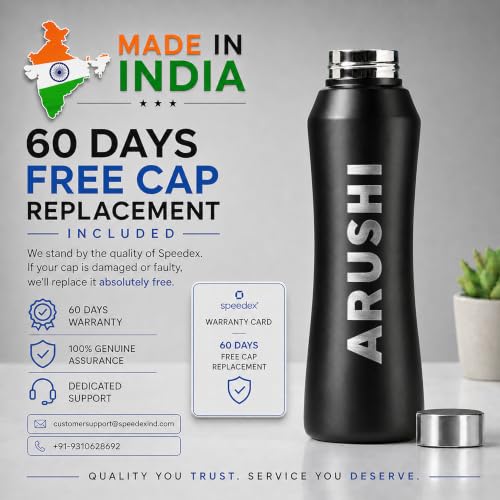 Image of Speedex Customised Stainless Steel Water Bottle 1 Ltr with Engraved Name - Personalised Screw Lid Bottle for Kids, Men & Women, School, Office, Gym, Black, Set of 1