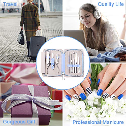 Manicure Set, FAMILIFE L17 Professional Manicure Kit Nail Clippers Set 8 in 1 Stainless Steel Pedicure Tools Kit Grooming Kit with Portable Blue Leather Travel Case for Women Girl Men