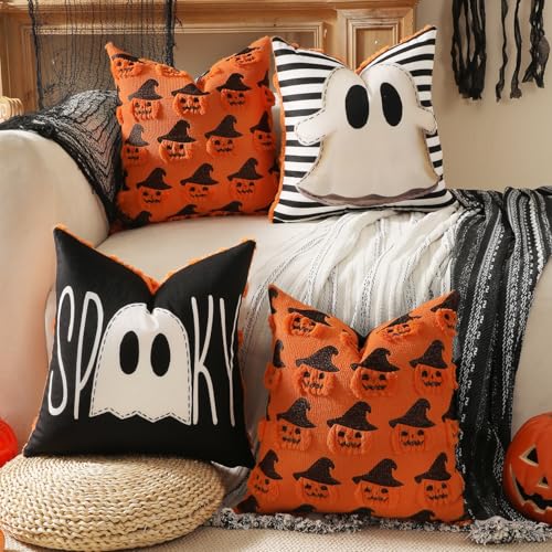 TOYPOPOR Halloween Decorations 2 Packs Double Sided Ghost Pillow Covers Soft Fur Throw Pillow Cases Indoor outdoor Pumpkin Couch Cushion Case for Fall Autumn Bedroom Living Room Home Decor 18x18