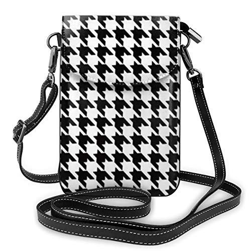 Women Men Girls Boys Black And White Houndstooth Small Crossbody Purse Cell Phone Pouch Mini Tote Shoulder Bag For Travel Work Shopping Walking Dating Outdoor