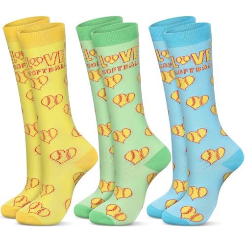 3 Pair Love Heart Softball Socks for Youth Women Athletic Knee High softball Socks for Girls Birthday Party Gift