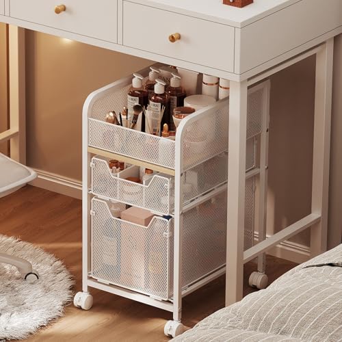 Hongtamoya Rolling Makeup Cart Organizer with 2 Drawers, Narrow Floor Skincare Organizers, Vanity Organizer Cosmetics Display Cases Holder for Skin Care Nail Polish Perfume Makeup Brush, White