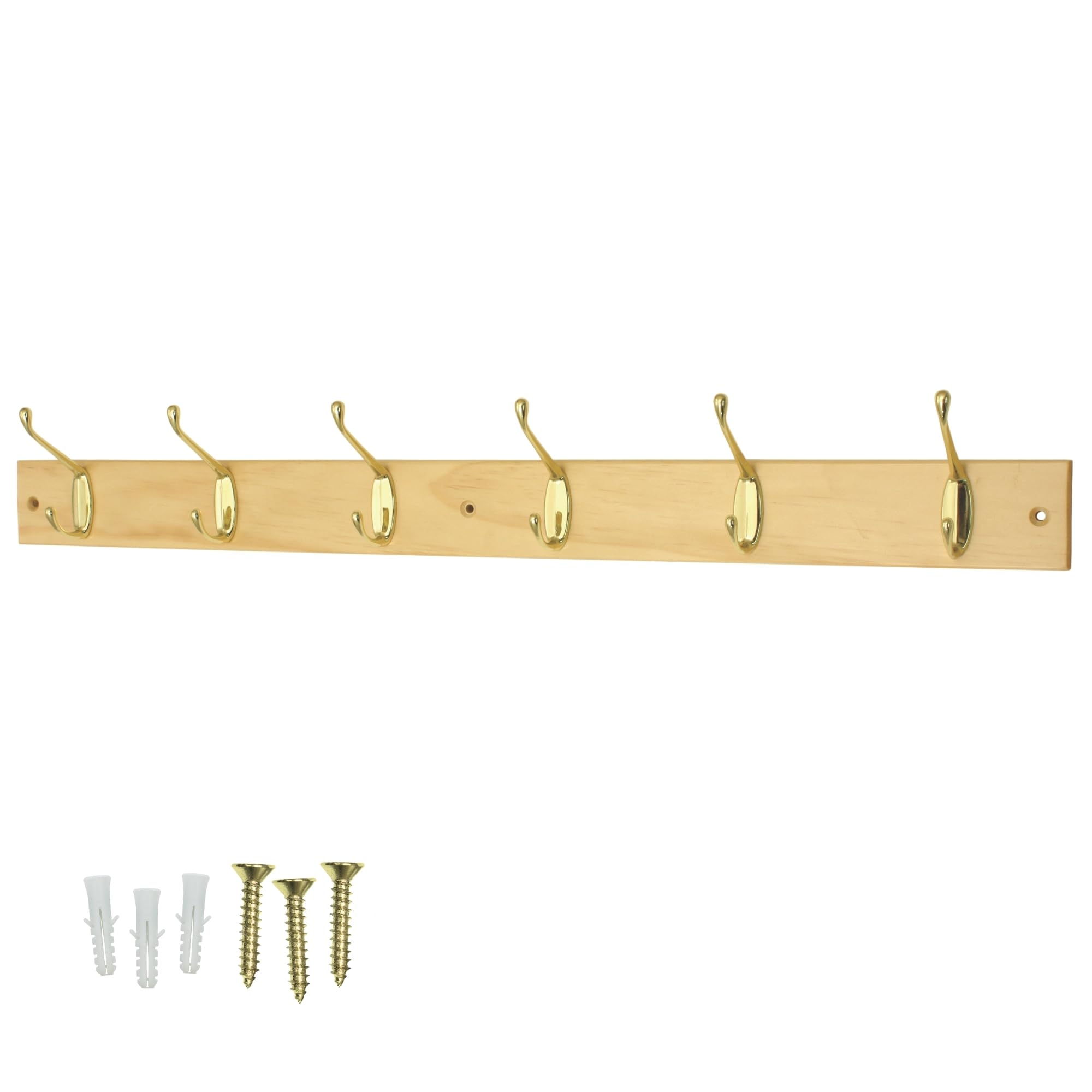 Keypak Pine Effect Board With Brass Plated Hooks Coat Rack Wall Mounted Polished Brass 6 Double Hooks - Solid Pine Rack - 69Cm - Clothes Hanger For Hallway, Bedroom, Bathroom