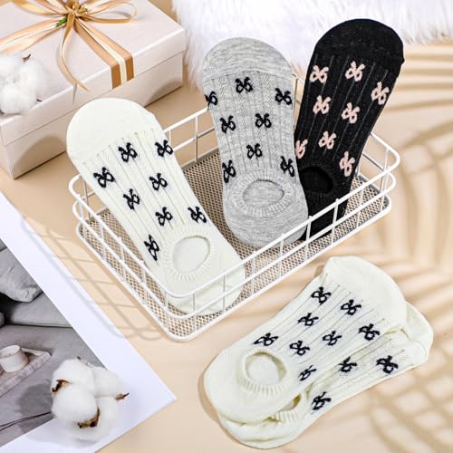 Image of Cutecrop 6 Pairs No Show Bow Socks Women Knit Coquette Cotton Breathable Ballet Style Cute Casual Hollow Mesh Socks for Women Low Cut Invisible Liner